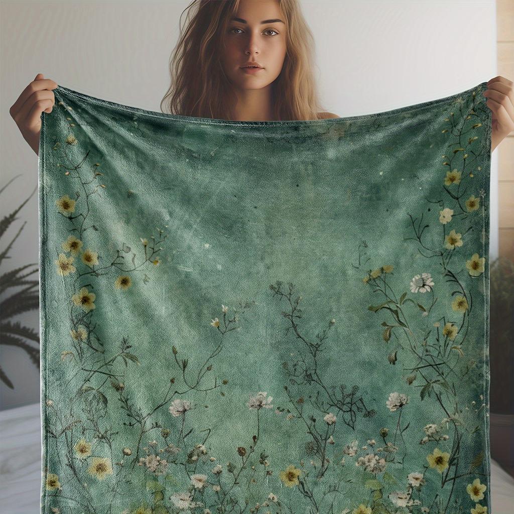 Vintage Floral Print Flannel Throw Blanket - Soft, Cozy, Warm for Couch Sofa Bed Office Travel, All-Season Polyester Knit Crafte