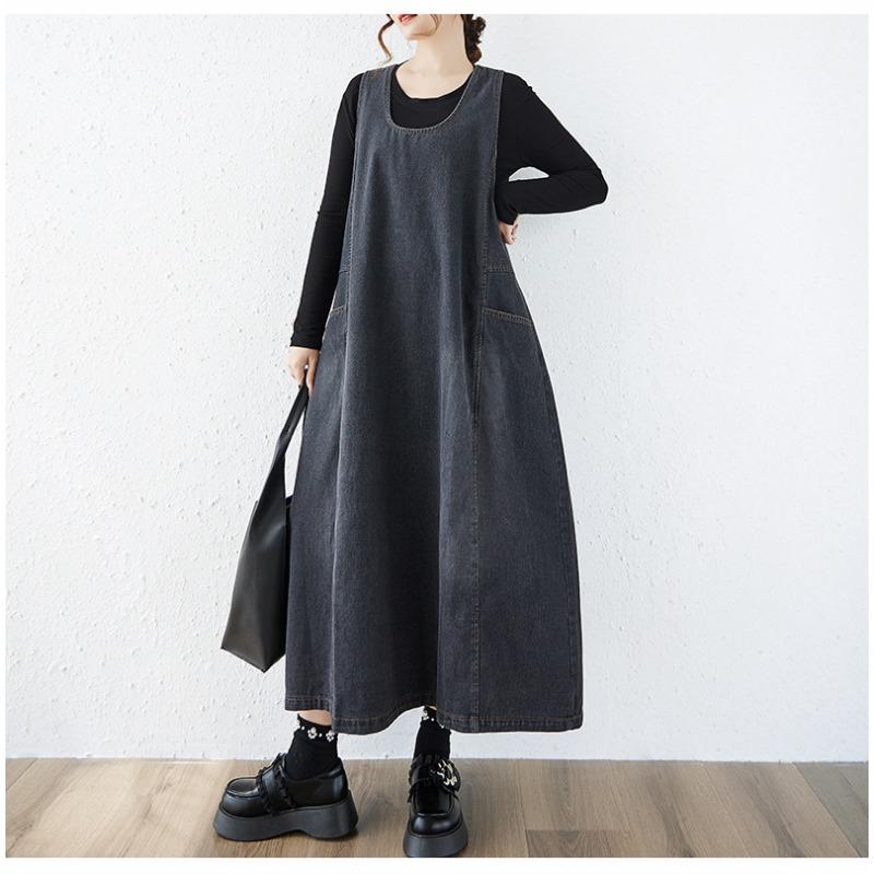 DIMANAF Women Plus Size Denim Dress Sleeveless Maxi Long Dress Cottton Vintage Loose Casual Dresses