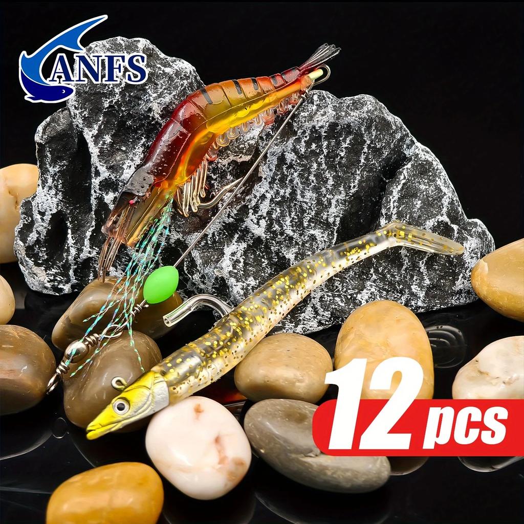12pcs Soft Bait Artificial Fishing Lures Assorted Design, Shrimp Bionic Soft Bait, Outdoor Fishing Accessories