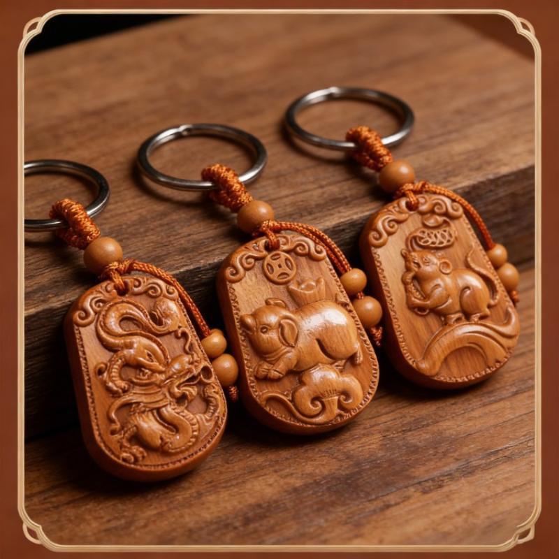 Natural Peach Wood Chinese Zodiac Keychain Hand Carved Lucky Blessing For Daily Use Gift For Friends Family