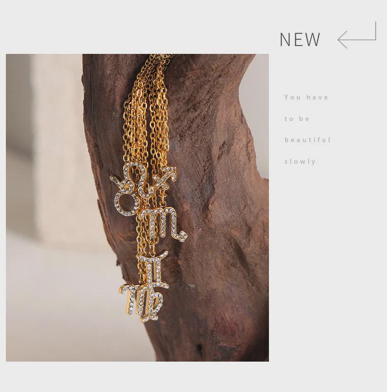 Custom Fashion Gold Titanium Steel Necklace with Zodiac Pendant and Rhinestones
