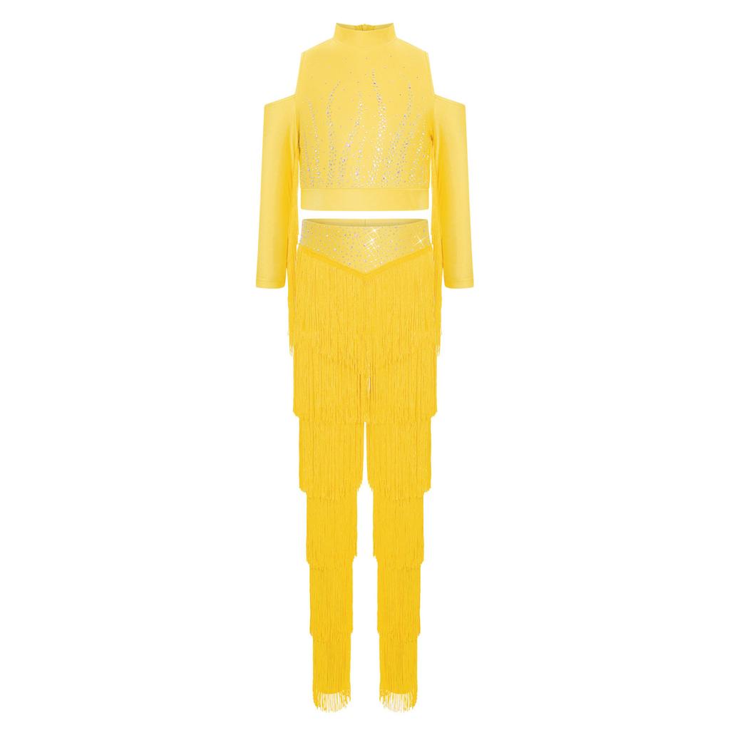 Set de pantaloni cu franjuri pe straturi pentru fete Talie elastică Crop top cu strasuri strălucitoare Ținută Latină