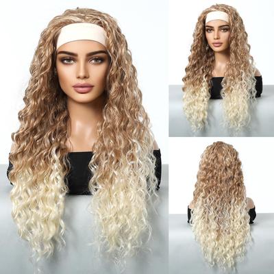 Women Brown Blonde Glueless Synthetic Headband Wig Heat Resistant Fiber Long Deep Curly Natural Looking Headband Wig for Daily Use Wig