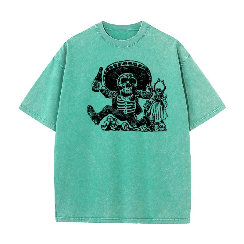 Family Youth Washed T Shirt Funny Skeleton Outdoor Tees Pure Cotton Short Sleeve Printed Washed Tee Shirt O Neck