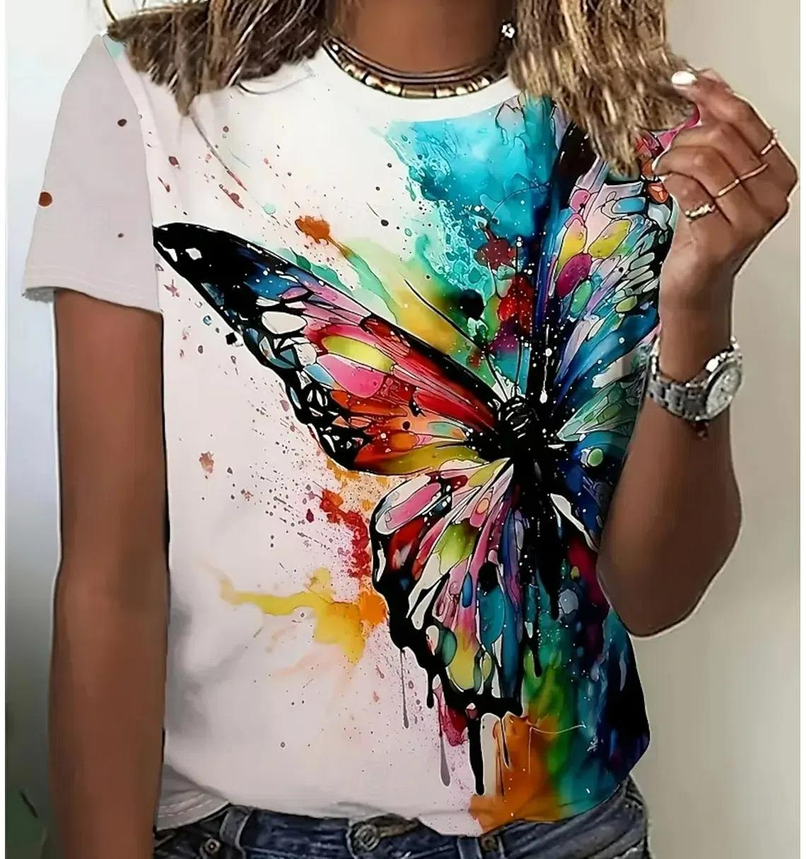 

XXS-6XL Плюс Размер Летняя модная женская футболка Бабочка Стильный 3D принт Повседневный короткий рукав Топы Футболки Женская одежда S