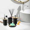 4-piece Black Bathroom Accessories Set Plastic Toothbrush Holder with Bamboo Cover Toothbrush Cup Lotion Dispenser Soap Box