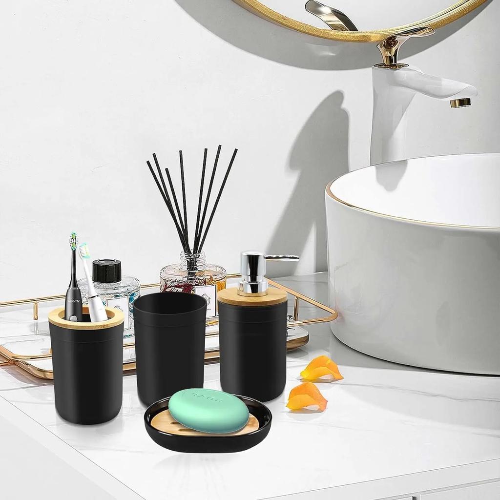 4-piece Black Bathroom Accessories Set Plastic Toothbrush Holder with Bamboo Cover Toothbrush Cup Lotion Dispenser Soap Box