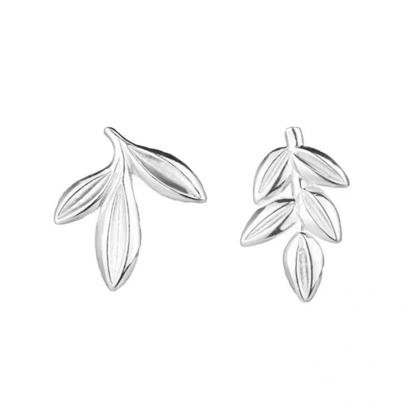 Elegant 999 Sterling Silver Asymmetrical Leaf Stud Earrings for Women - Simple, Versatile Design with Screw-Back Closure