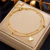 Gold Plated Layered Butterfly Anklet with CZ, Dainty Double Chain Beaded Foot Jewelry with White Enamel Butterfly, Cute Summer Jewelry for Women Gift