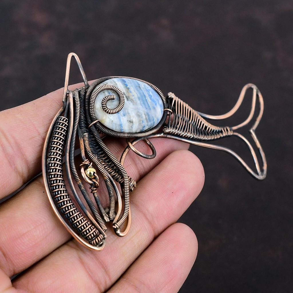 Blue Scheelite Pendant Copper Wire Wrapped Pendant Handmade Gemstone Pendant Copper Jewelry Awesome Fish Pendant Wire Wrap Jewelry For Gift