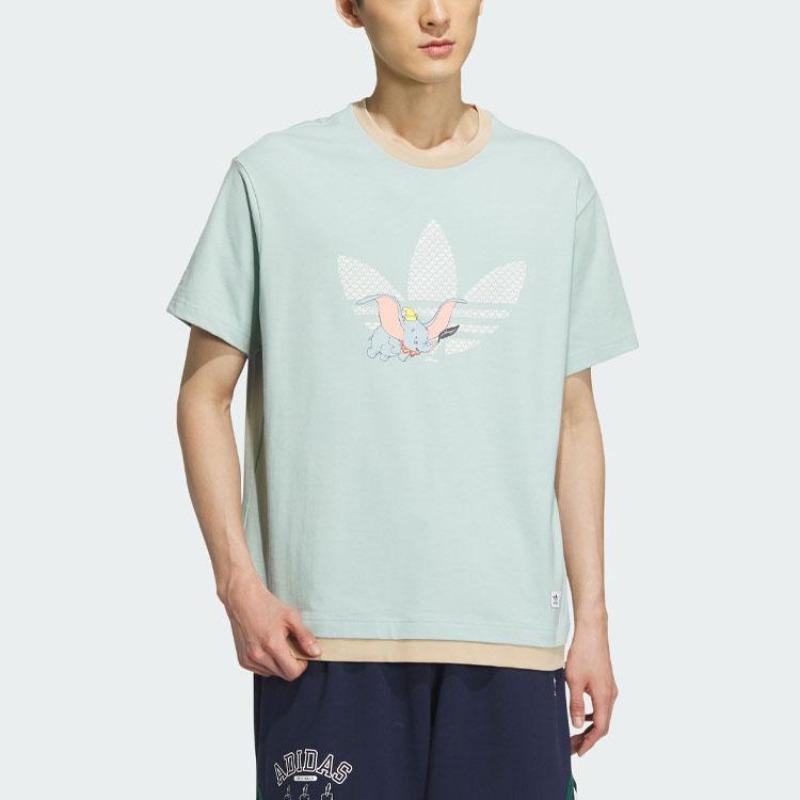 adidas Originals X Disney Dumbo Abbigliamento Sportivo Fantasia Cartone Animato Stampa Logo Color Block Maglietta a Maniche Corte Unisex Top Verde Fumo IN1073