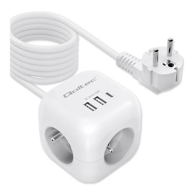 Qoltec Power Strip 6-in-1 Extension Cord with Illuminated Switch | 3x AC | 2x USB | 1x USB-C PD 20W | White | 2m Cable