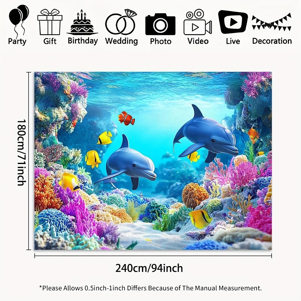 1Pcs background banner, dolphin coral underwater world pattern, indoor and outdoor ocean themed party decoration