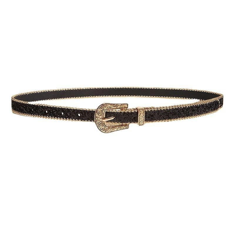 Women's Carved Buckle Belt With Ins Style Pu Leather Fashion Waistband European And American Personality Glittery Skinny Jeans Belt