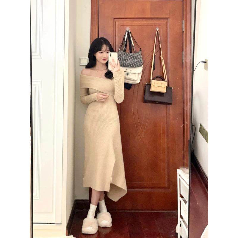 

Нишевое вязаное платье с открытыми плечами, новинка начала осени, женская одежда, маленький облегающий свитер, длинная юбка. XL абрикосовый