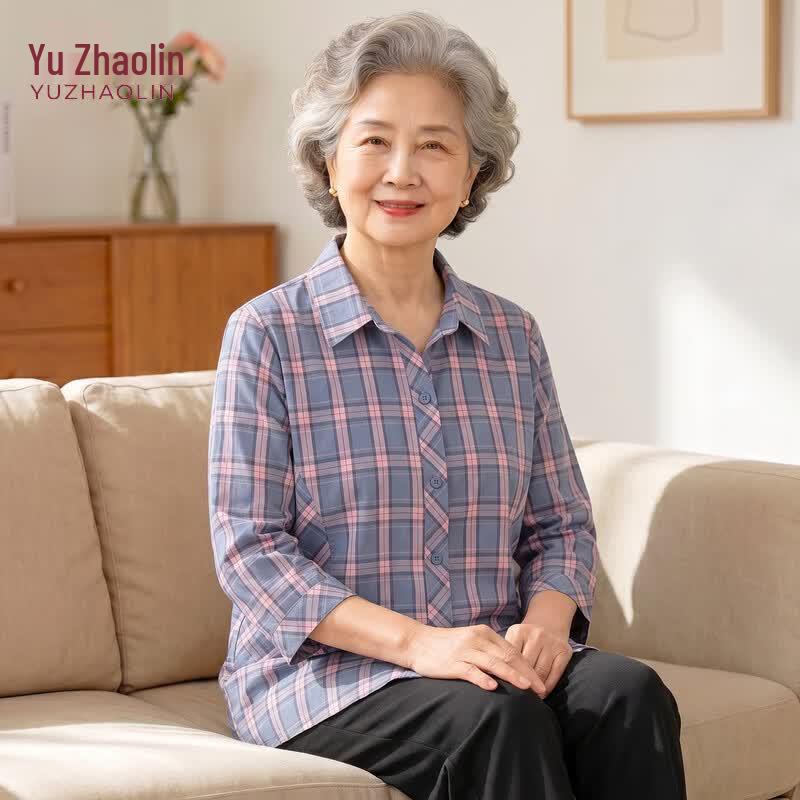 YUZHAOLIN Women s Summer Plaid Pure Cotton Shirt XXXXL
