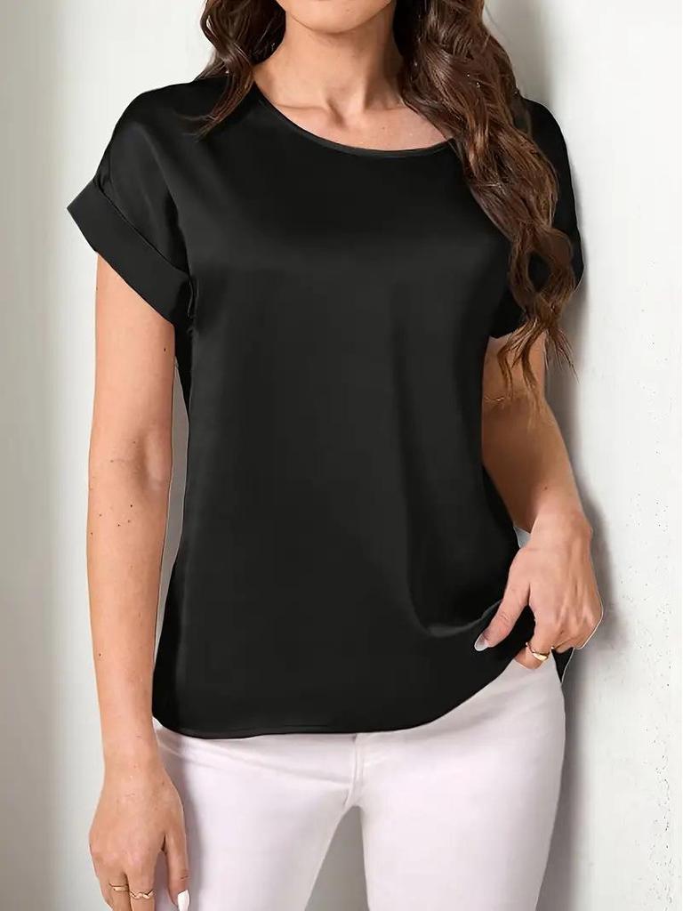 2025 Women's Summer Glossy Solid Color Short Sleeve Loose T-shirt