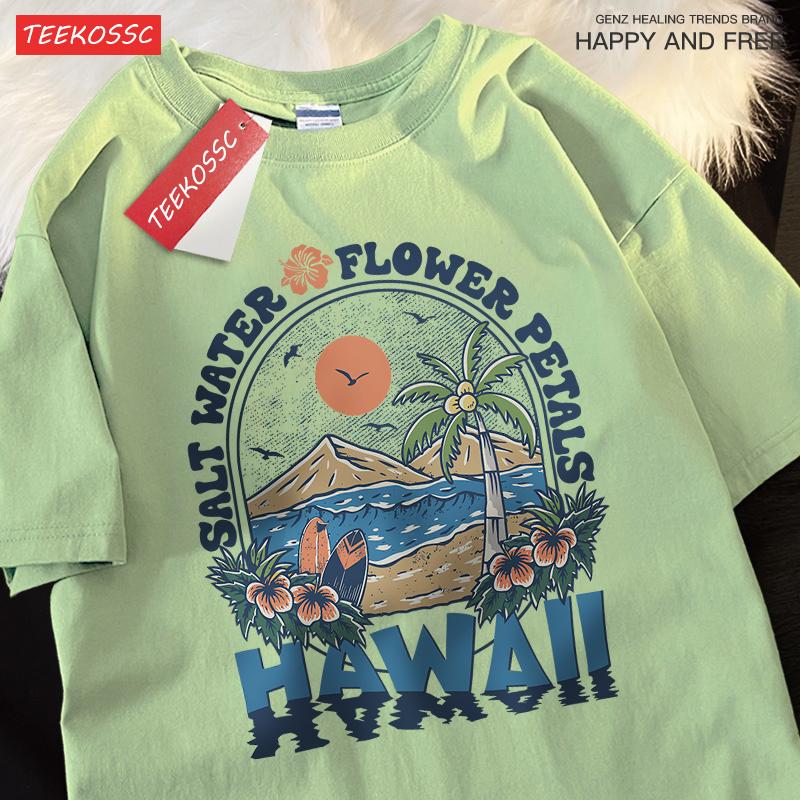 Salt Water Flower Petals Hawaii Clothes Men Women Harajuku Summer Tshirt Cartoon Cotton T-Shirt Fashion Breathable Couple Tops