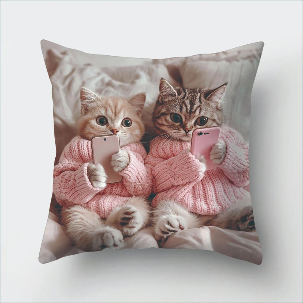 Vibrant Bohemian Style Short Plush Pillow Cover 45x45cm Charming Kitten Living Room Bedroom Decor (Pillow Insert Not Included)