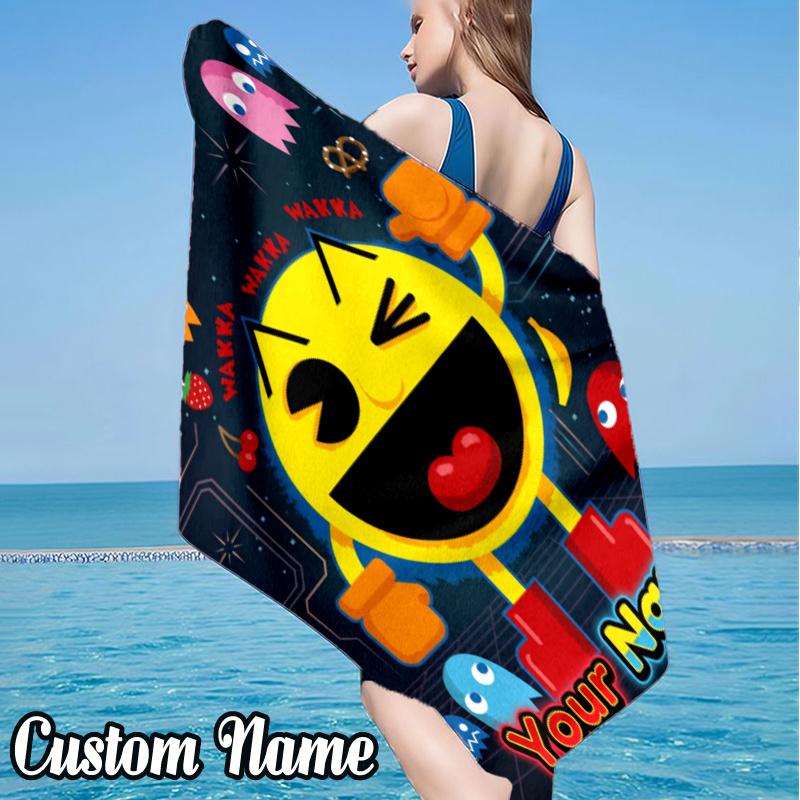 Custom Name Pac Game Beach Towel - Soft, Ultra-Absorbent Microfiber, Lightweight, Perfect for Beach, Parties, Travel, Camping