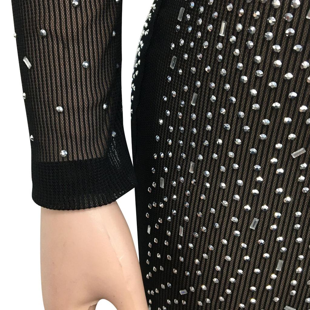 European & American Fashion Women's See-through Mesh Long Sleeve Slit Dress with Hot Drilling Details.