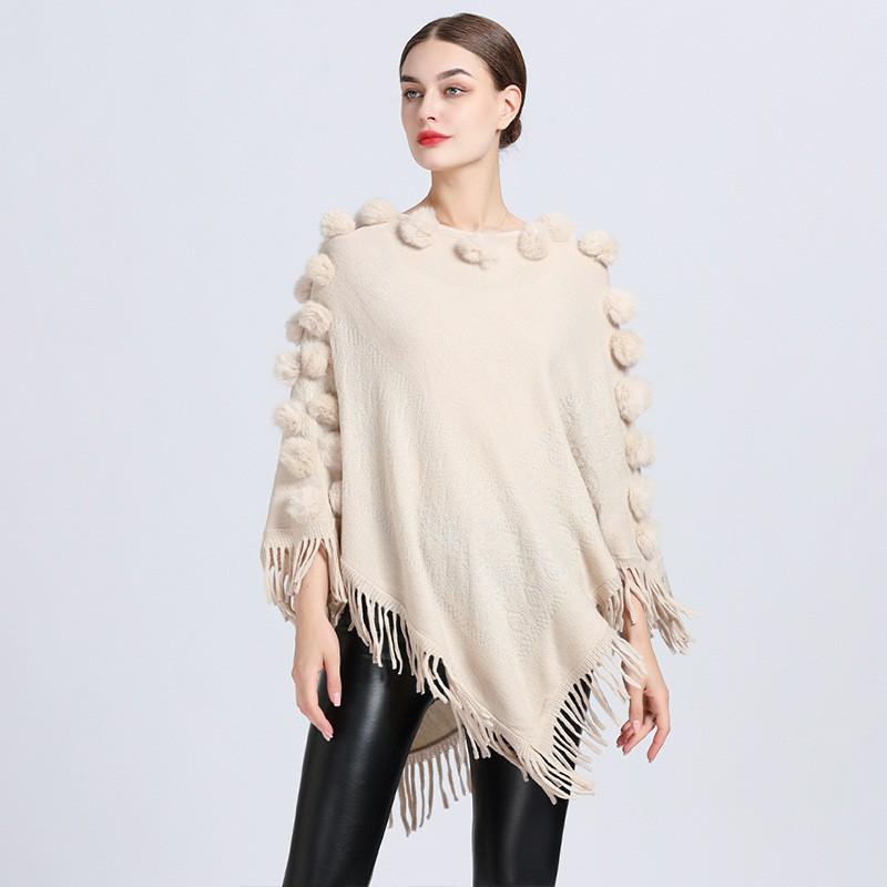 307 Fall Winter Tassel Pom Shawl Cape Womens Crew Neck Pullover Knit Sweater