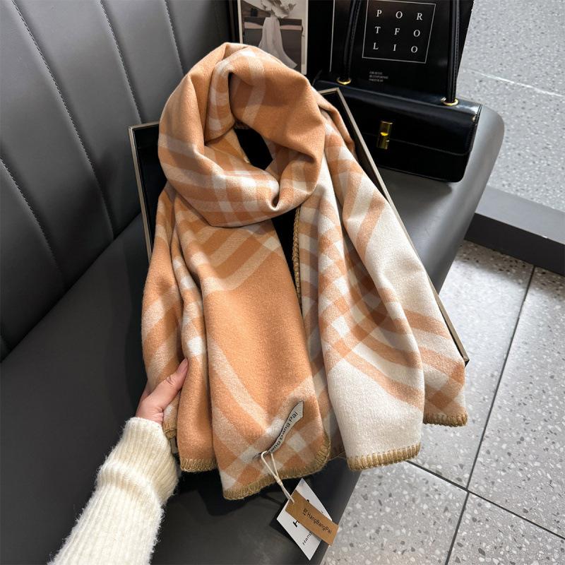 Checked scarf, Korean trendy autumn and winter scarf, line double-sided imitation cashmere scarf