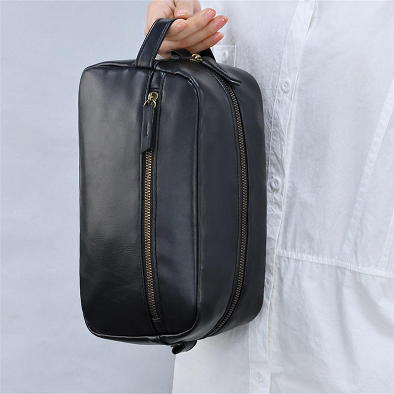Men PU Leather Wash Bag Travel Business Trips Portable Cosmetic Bag Large Capacity Multi Pocket Design Handheld business trip Wash Bag
