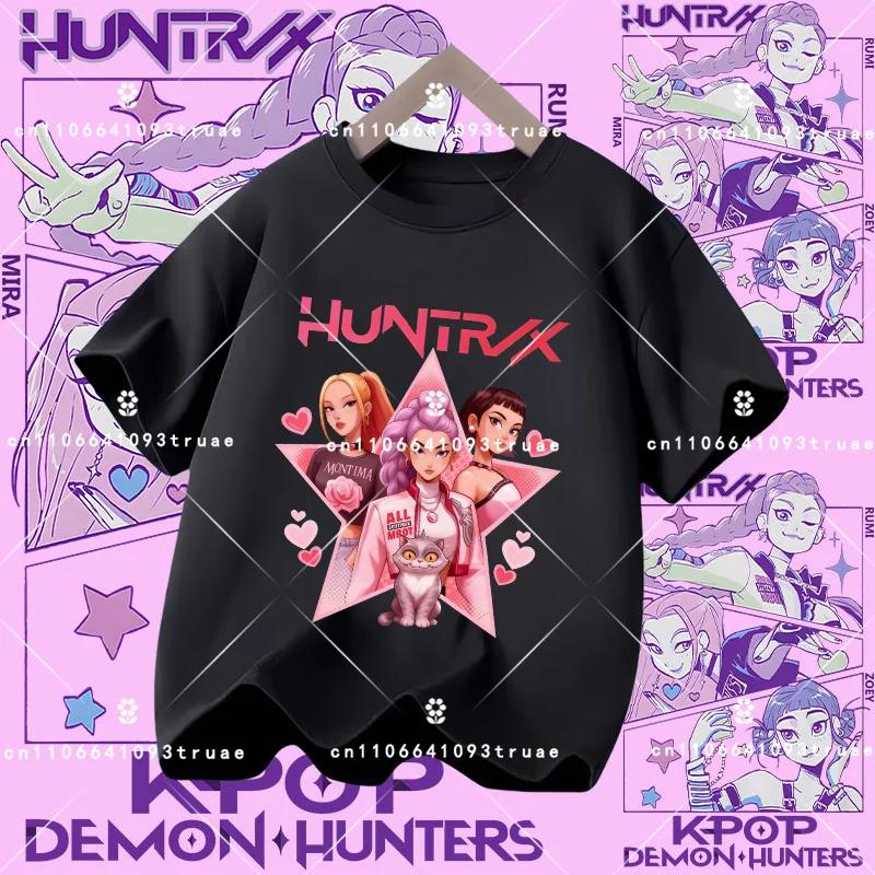Polyester short-sleeved K-pop Demon Hunter girl cute sports shirt for children aged 1-12. Summer T-shirt. Casual top. Cartoon print