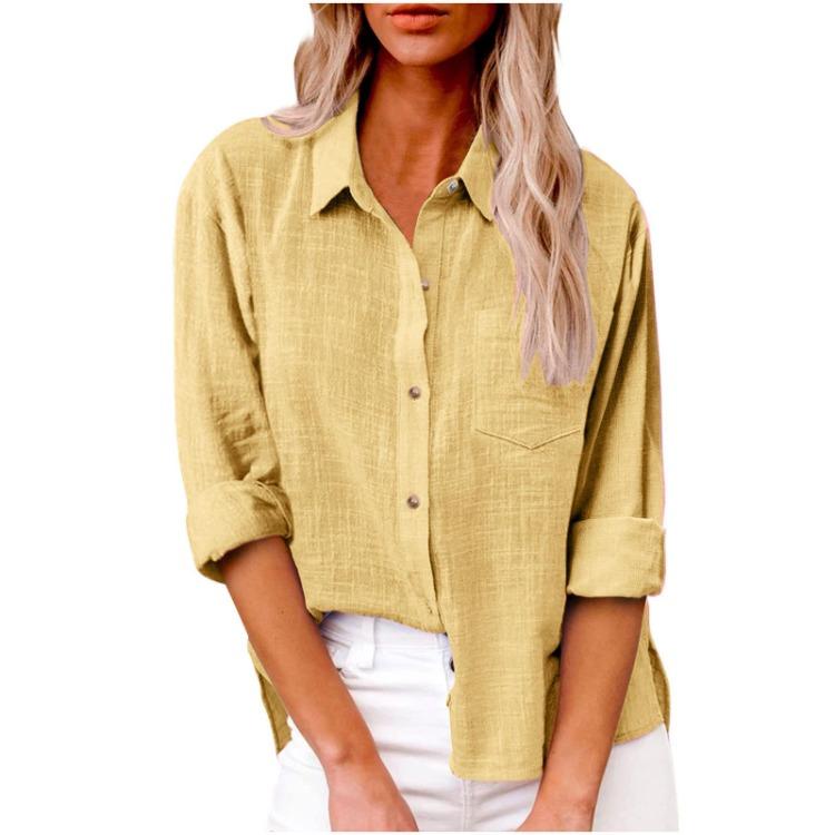 Spring Fall Lapel Long Sleeve Blouse Women Tops Solid Color Cotton Linen Button Up Shirt with Pocket