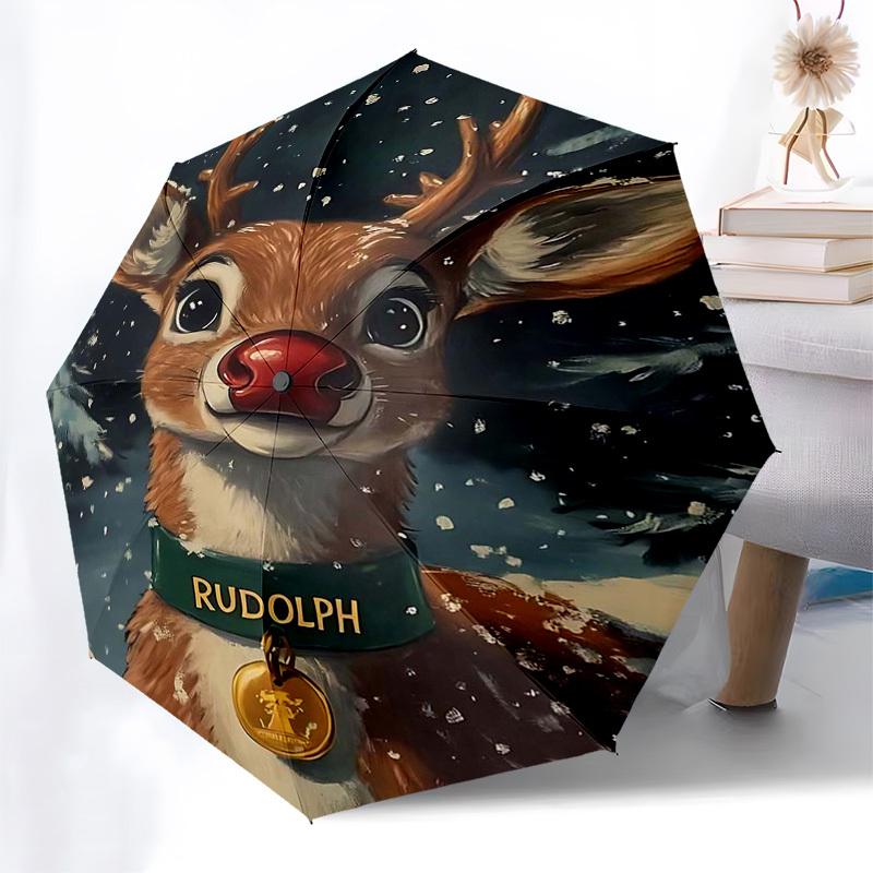 

1pc Rudolph Red Nose Reindeer Automatic Folding Umbrella, Portable 3-Fold Design, 8-Bone Iron Frame Outdoor Umbrella, Festive Gift for Fans, Travelers