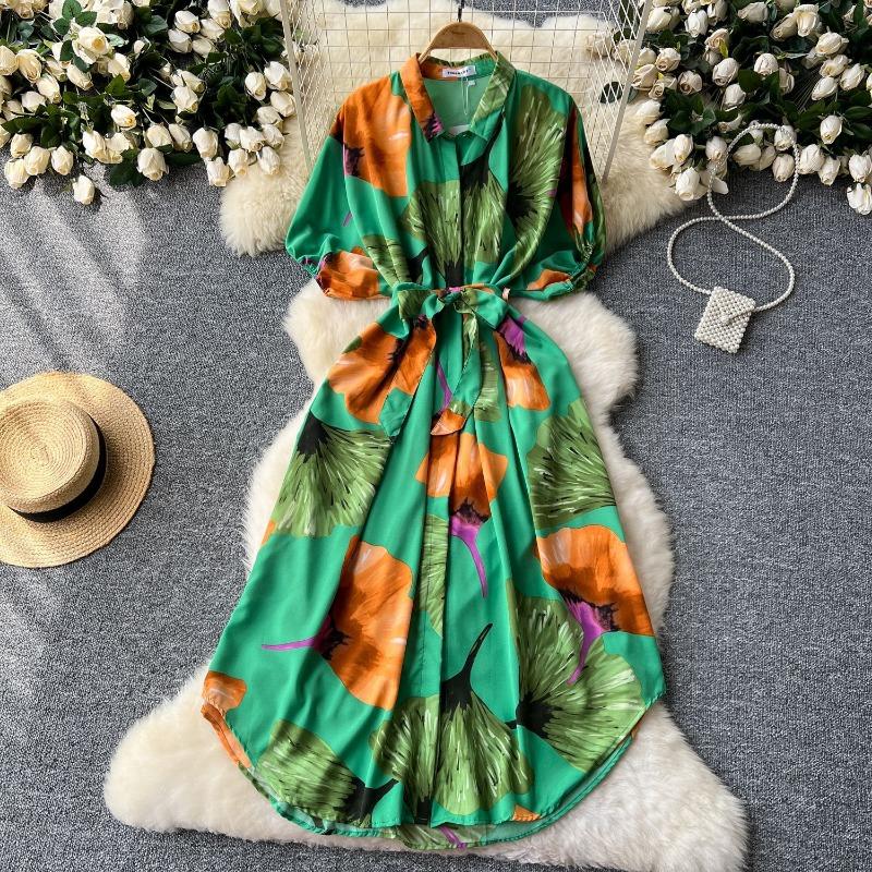 

Летнее платье Женское платье в стиле ретро с рукавами-фонариками Однобортное платье с завязками на талии с принтом One size зелёный