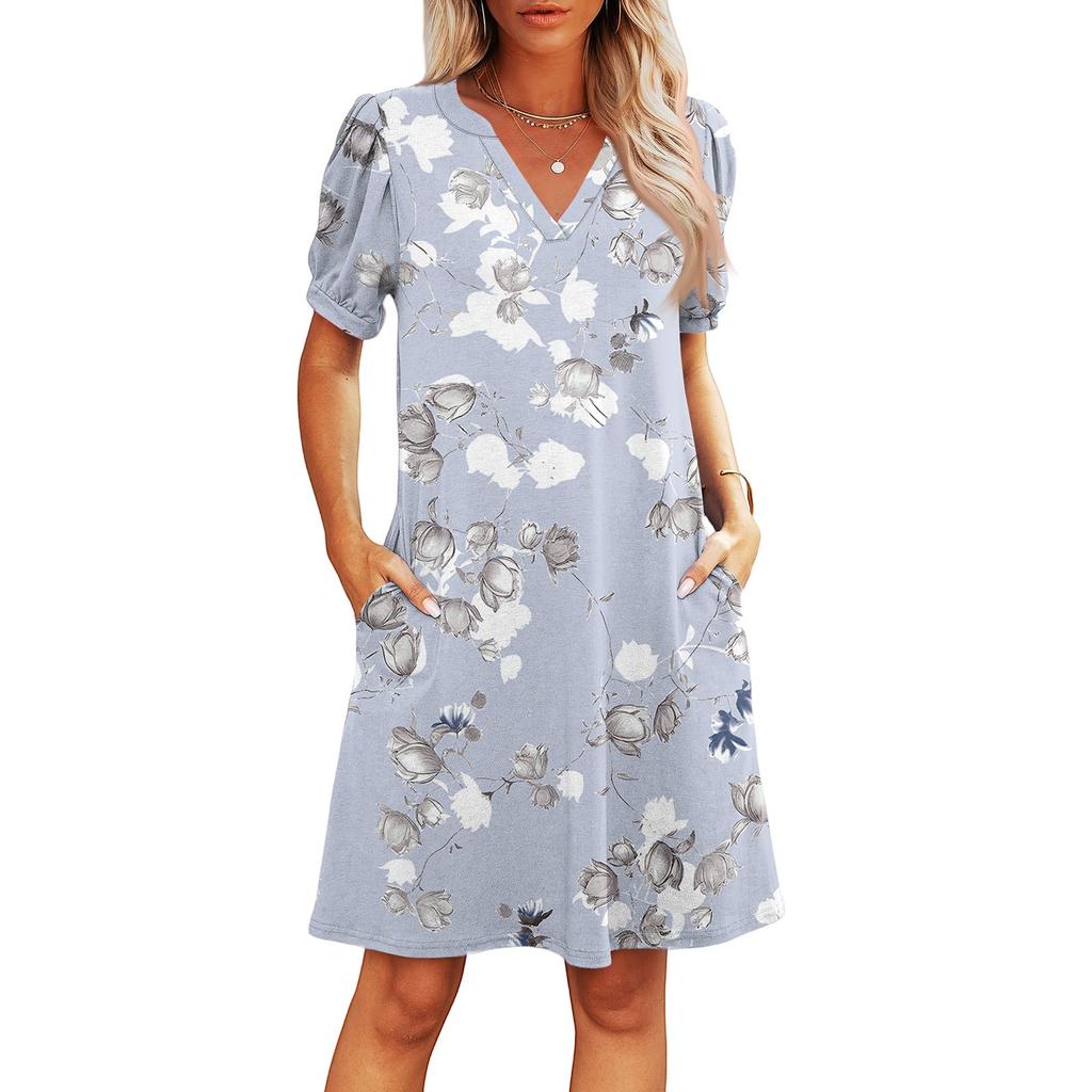 Women's Summer V-Neck Casual Beach Dresses Pod Short Sleeve Vintage Floral Print Dresses