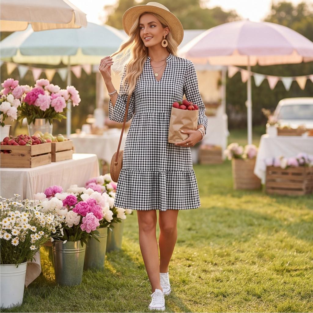 Women's V Neck Plaid Flared Sleeve Loose Fit Pullover Bohemian Vacation Dress Mid Length Casual Summer Dress