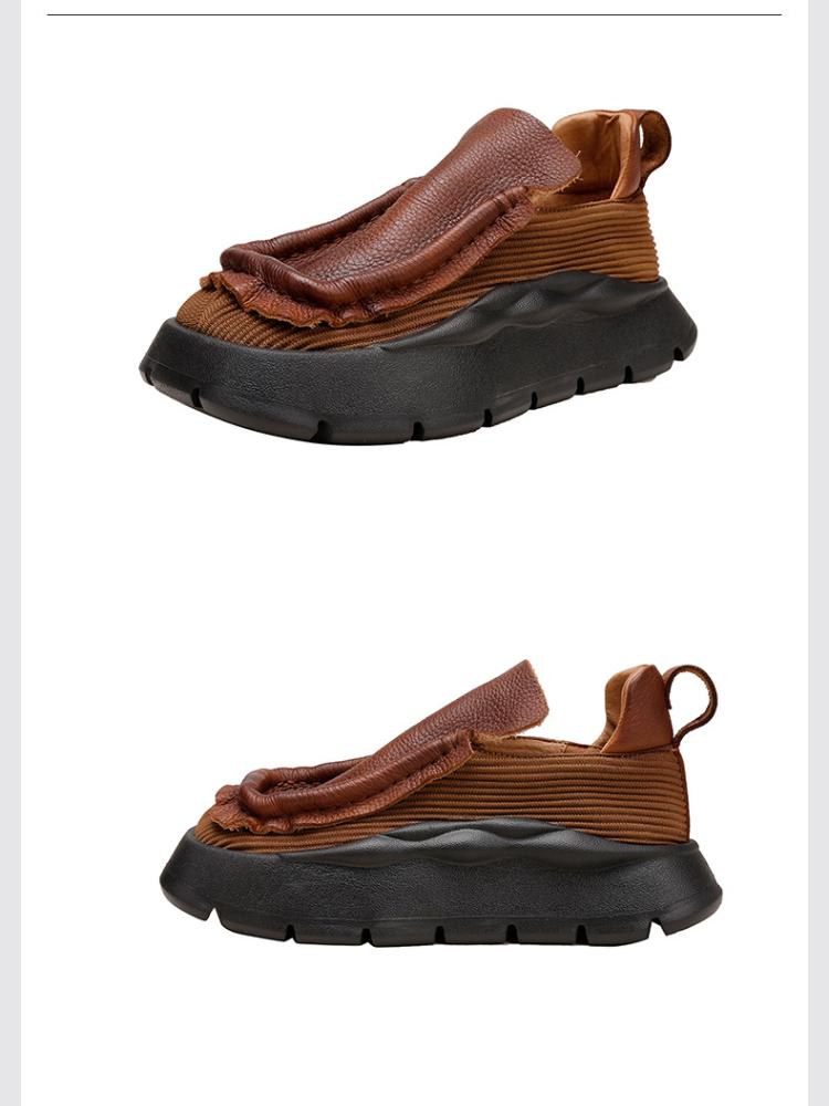 Johnature Vintage Flat Platform Shoes Women Handmade Round Toe Solid Color Comfortable Thick Sole Slip-on Shoes