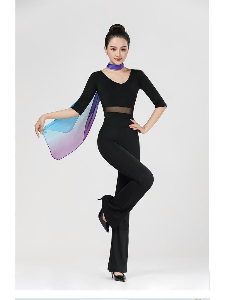 Women's V-Neck Short Sleeve Dance Outfit with Black Flared Pants