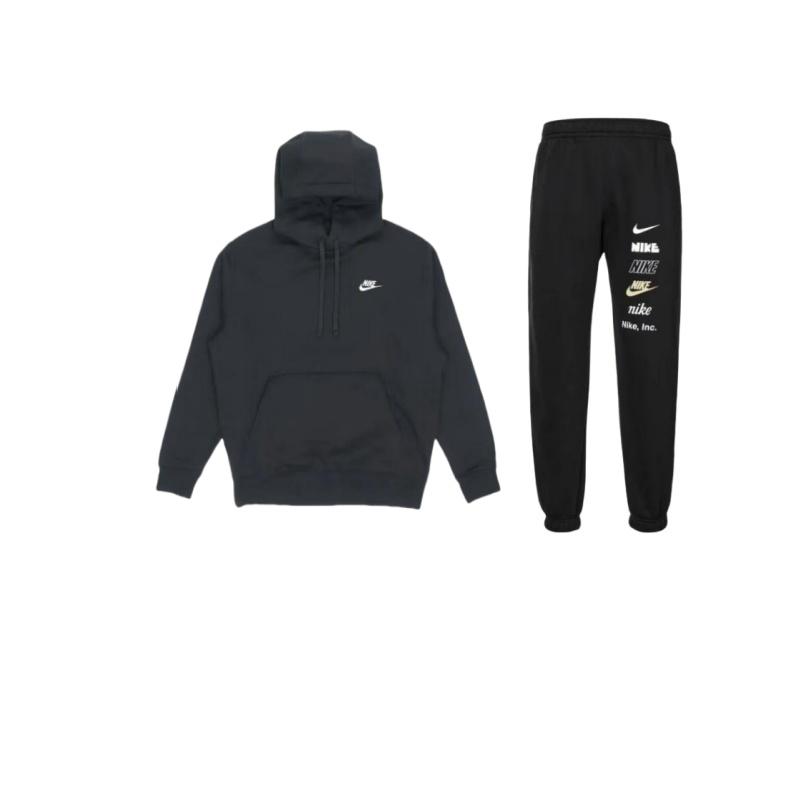 Nike Sportswear Club Fleece Warm Pullover Hooded Sweatshirt Mid-Waist Cuffed Pants Casual Sports Set Unisex Sweatshirt, Pants DX0796-010+-BV2655-010 XL
