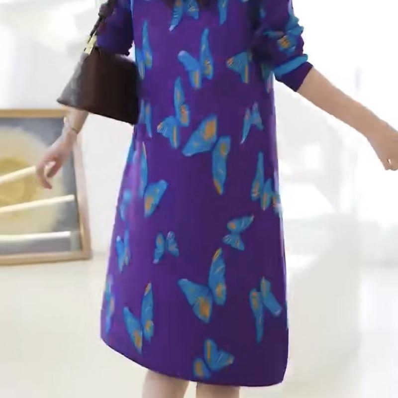 Western-style Dress V-neck Color-blocked Mid-length Hooded Jacquard Butterfly Flying A-line Sweater Skirt