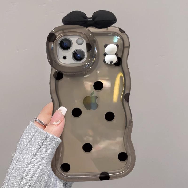 The Three-dimensional Panda Bow Is Suitable for IPhone 15, Phone Case 14PRO, Dual Stand 13, Cute and Shockproof 12, Wavy Edge X