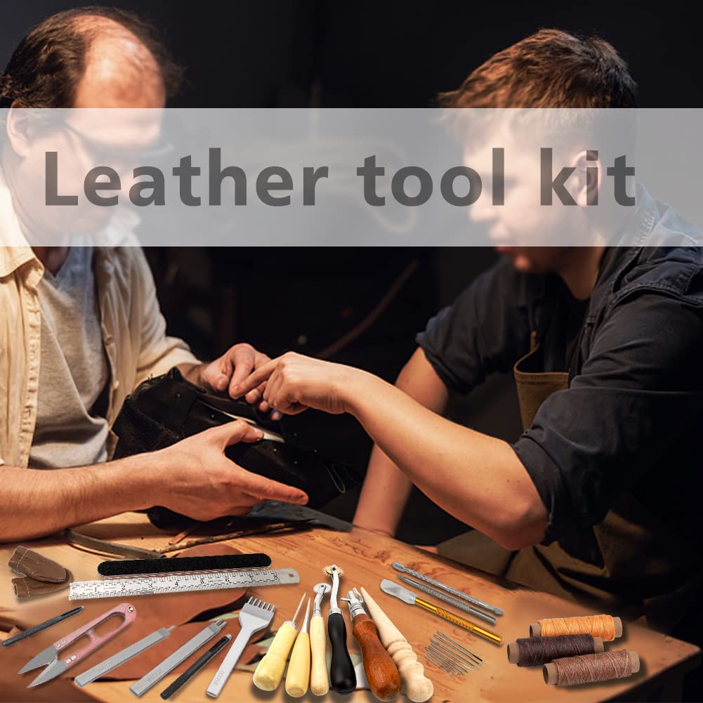 Fenrry Leather Working Tools Leather Stitching Kit Upholstery Repair Kit with Waxed Thread Awl for Beginners Craft DIY Sewing