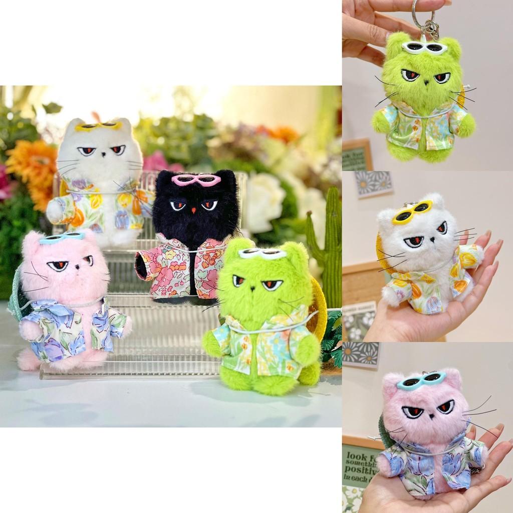 Plush Cat Keychain With Flower Shirt And Sunglasses Design For Cute Gift And Bag Decoration
