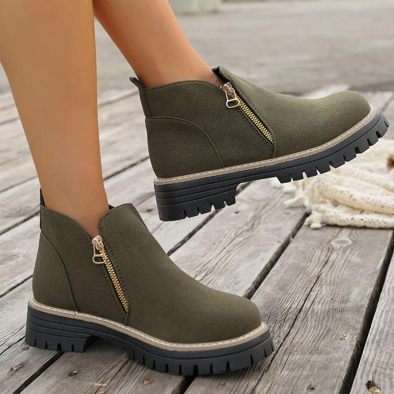 Damen Stiefeletten mit runder Zehenpartie in Überweite, Martin Boots mit Blockabsatz und Reißverschluss an der Seite, Herbst Winter Kurzstiefel für Damen