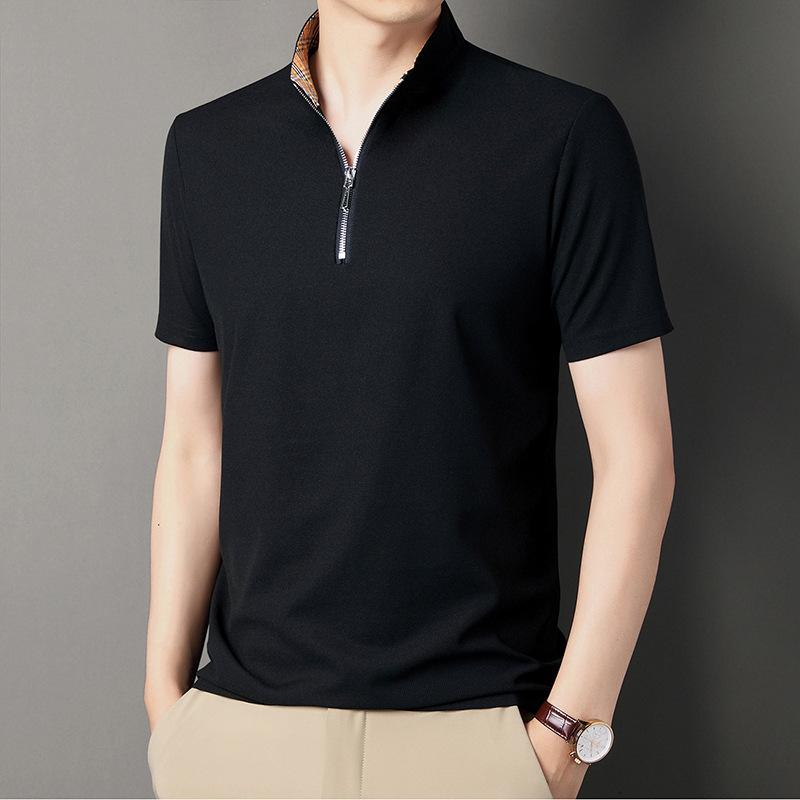 Summer New Men's Short-Sleeved T-shirt Men's Fashion Casual Breathable Lapels Zipper Solid Color Men's Clothing