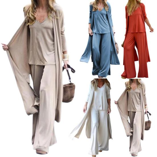 Three-piece Stylish V Neck Top Women Pants Suit Sleeveless Top Casual Solid Color Autumn Suit