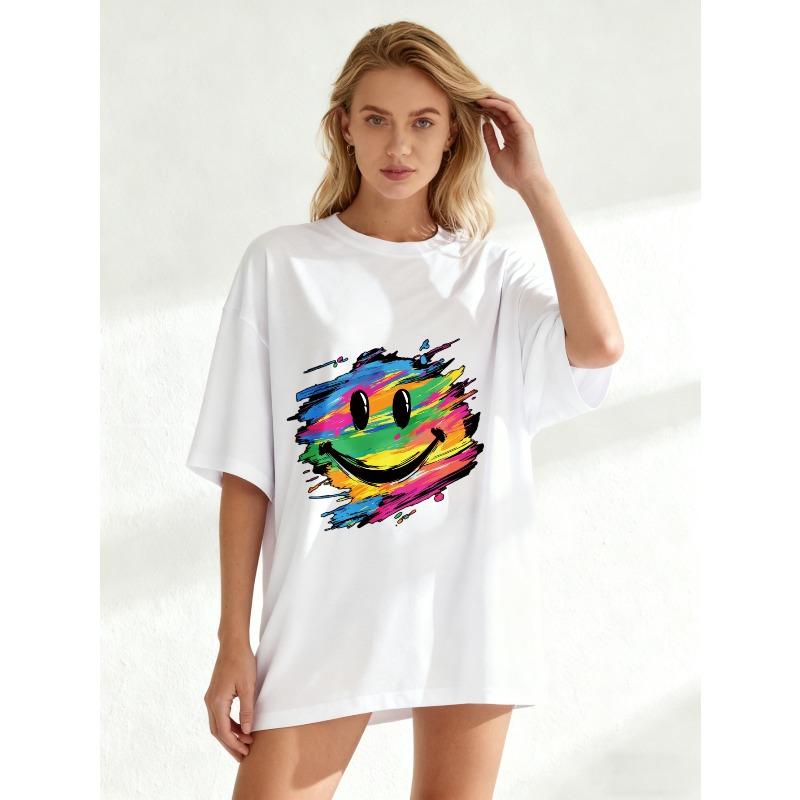 Oversized T Shirt Black Rainbow Smile Face Print Casual Wear For Women Summer Streetwear Fashion Top