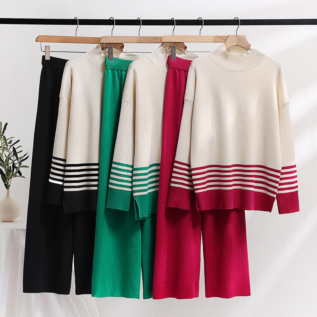 Autumn and Winter Knitted Wide-leg Pants Sweater Set Pullover Elastic Contrast Color Casual Loose Two-piece Women's Clothing