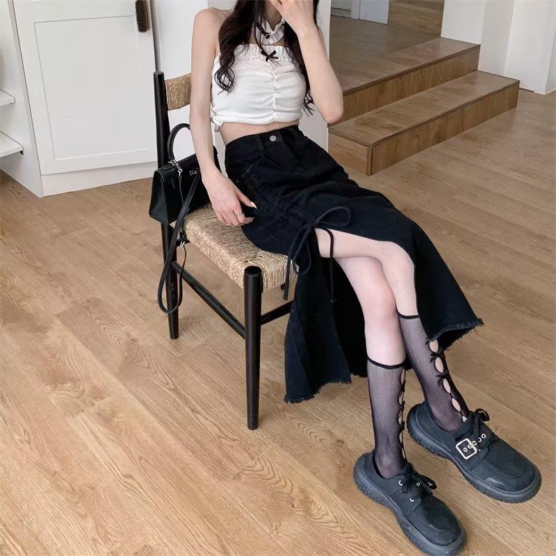 Halber Freizeitrock für Damen in Übergröße, lockerer, geteilter Halbkörperrock, hohe Taille, mittellanger Jeansrock