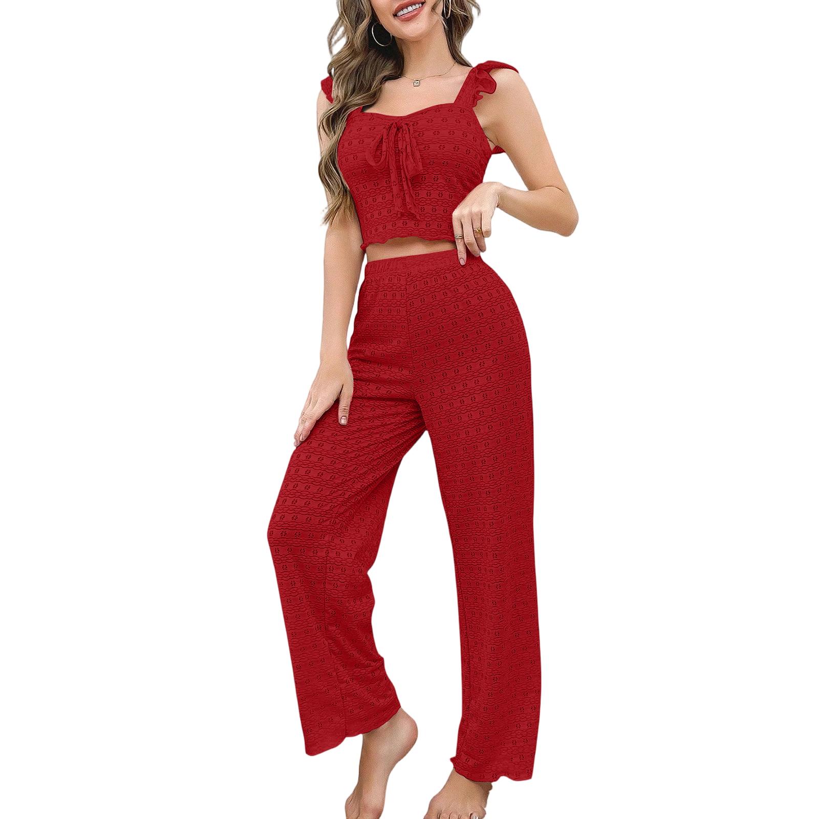

Women Two Piece Set Sleeveless Ruffle Strap Crop Top and High Waist Long Pants Lightweight Casual Outfit for Summer XL червоний