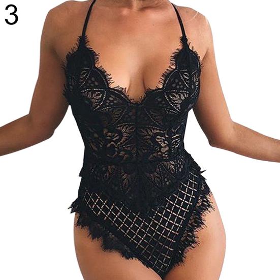 Damen Wimpernspitze Spitze Tiefes V-Ausschnitt Kreuzrücken Träger Ärmellos Sexy Body