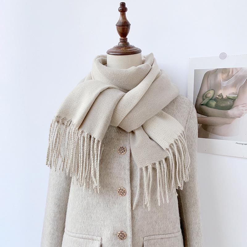 Double-Sided Solid Color Imitation Cashmere Scarf with Tassels – Cozy Korean Autumn/Winter Fashion for Students